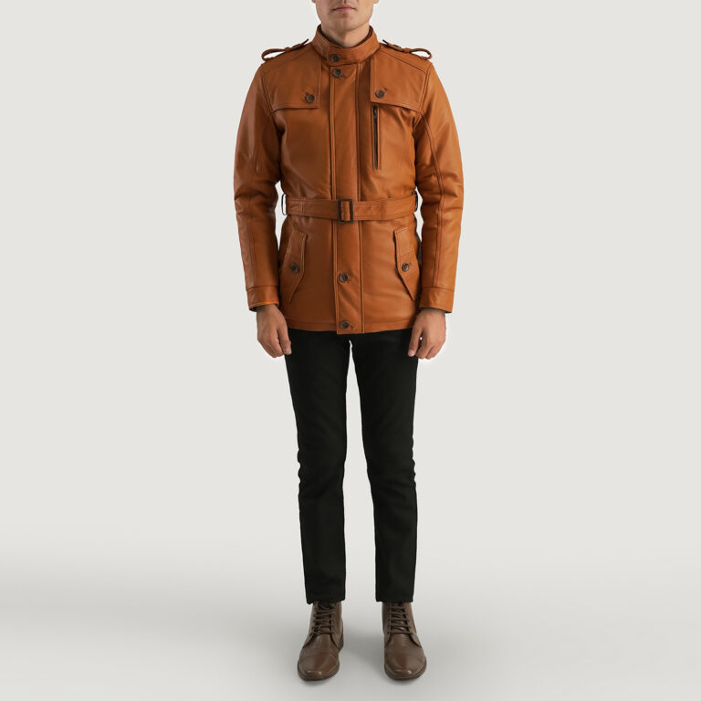 Mens Hunter Tan Brown Fur Leather Jacket Full Length-2-1701089071354